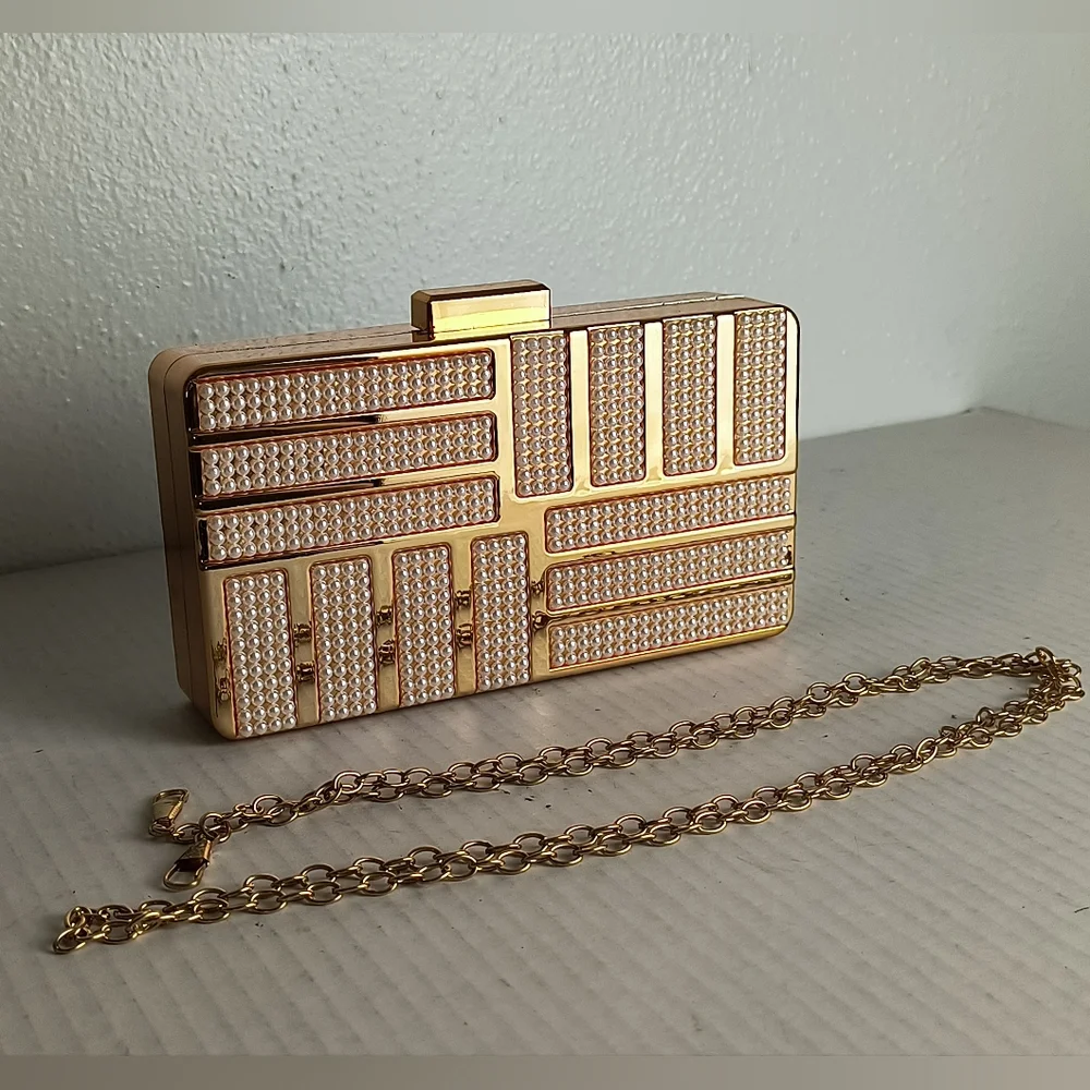 Pearlescent Acrylic Evening Clutch Bag Metal Gold Tone Strap Party Cocktail